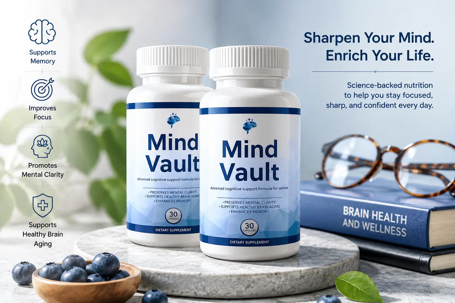 Mind Vault brain health supplement bottles for memory, focus, and mental clarity